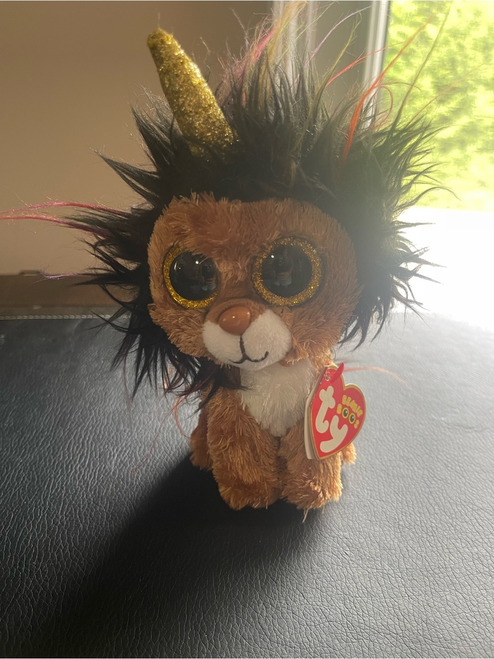 Ty Brown Lion Plush with Black Mane and Gold Glitter Horn